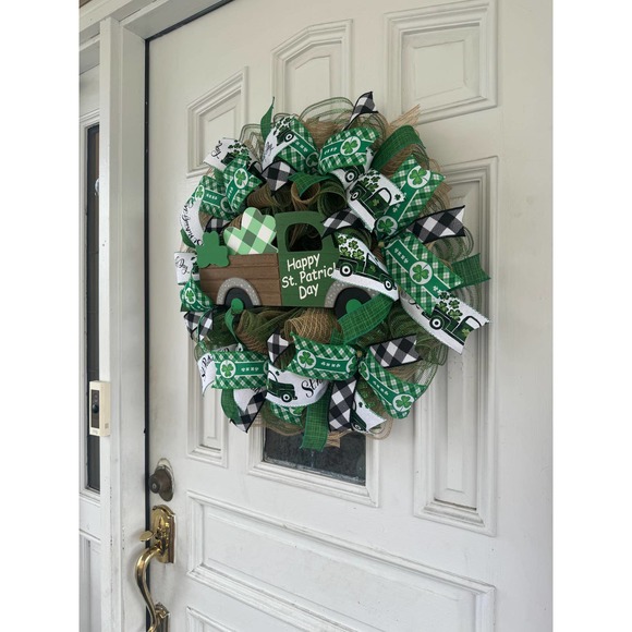 Saint Patrick’s Day Truck Farmhouse Mesh & Ribbon Wreath Door Hanger - Picture 6 of 7